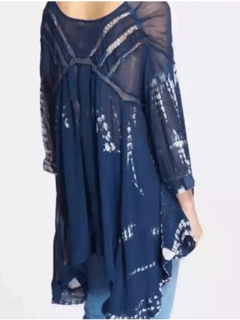 Free People Tie Me Down Sheer 3/4 Sleeve VNeck Navy Blue Tie Dye Trapeze Tunic L
